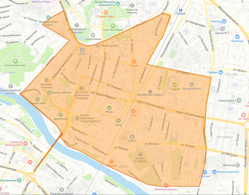 карта ограничения движения для мотоциклов в Гродно 