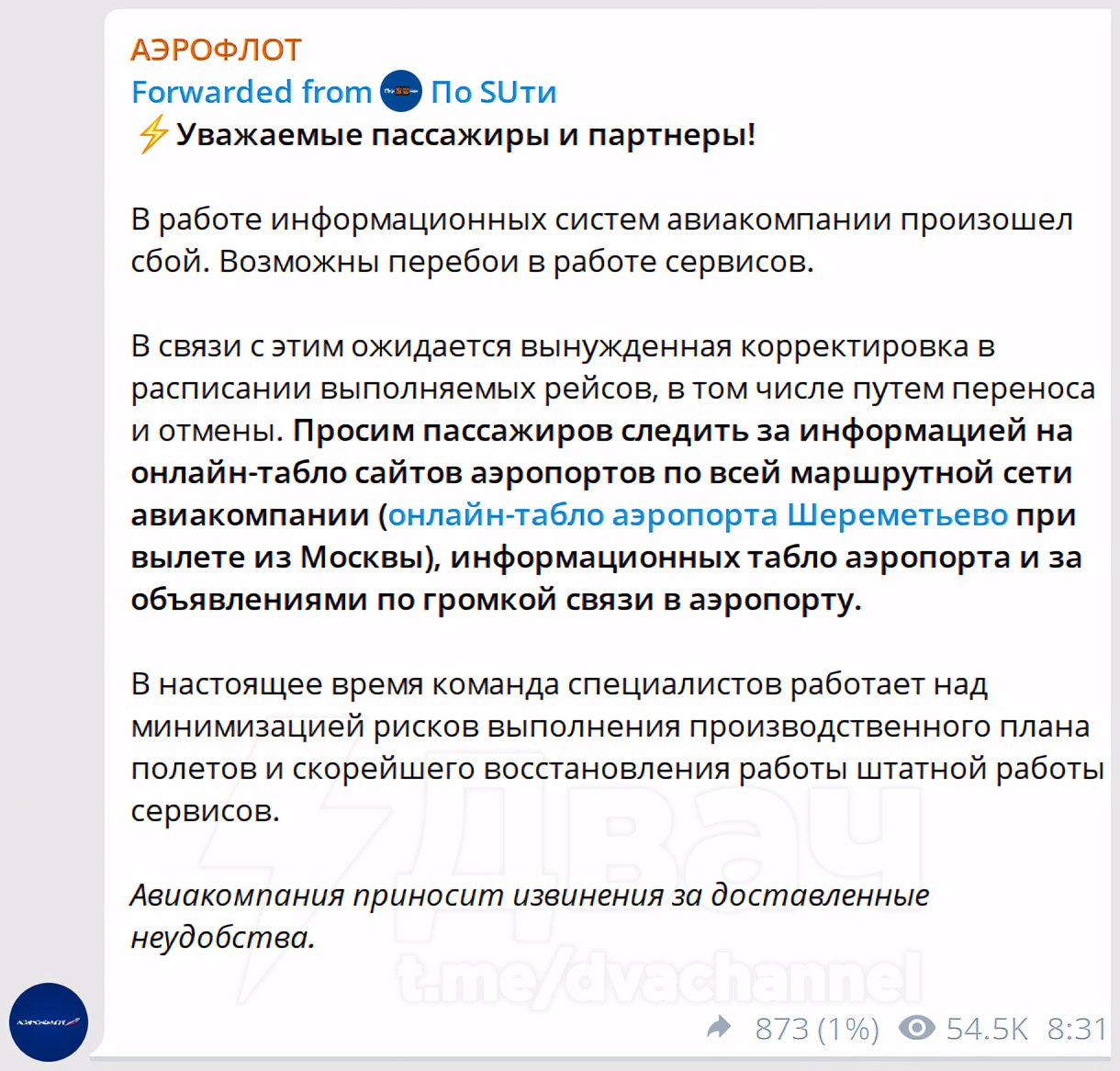 Скриншот: телеграм-канал Аэрофлота
