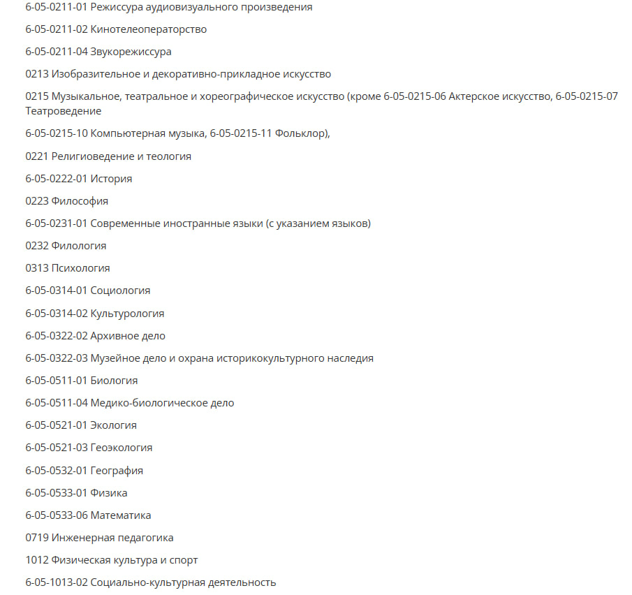 список специальностей