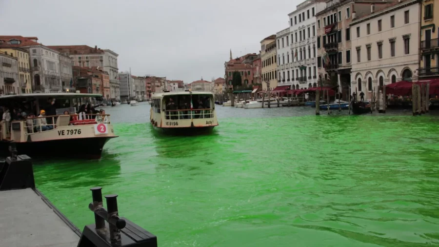 Зеленая вода в канале Венеции акция эко активистов Грета Тунберг