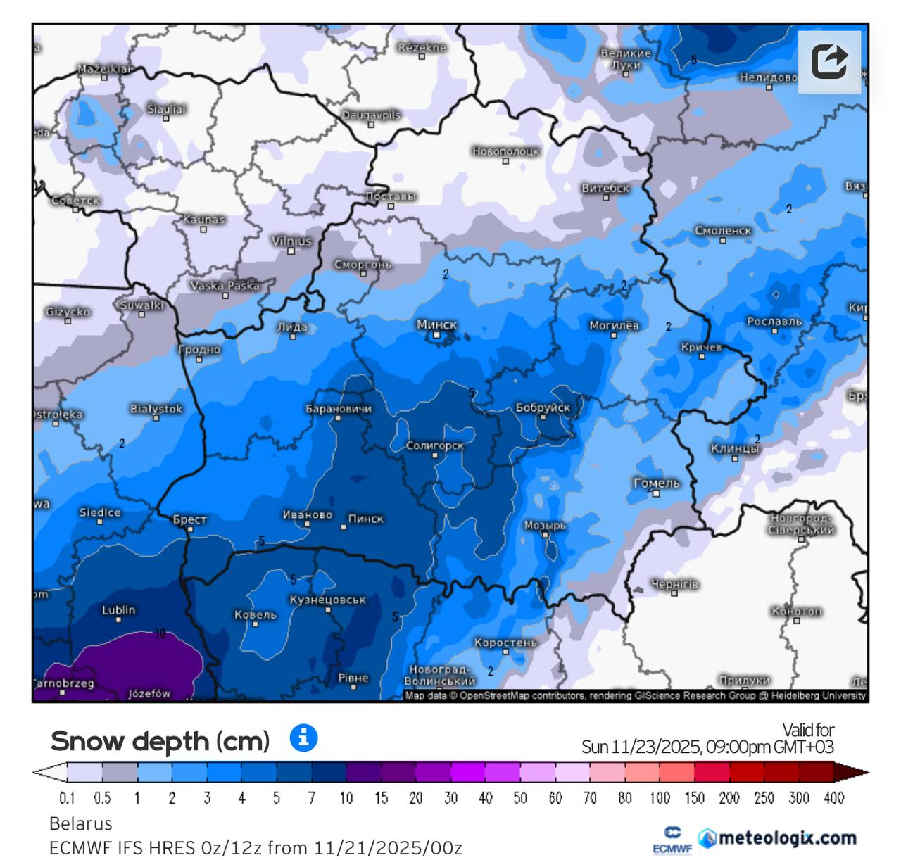 Карта погоды на выходные 22-23 ноября Беларусь 