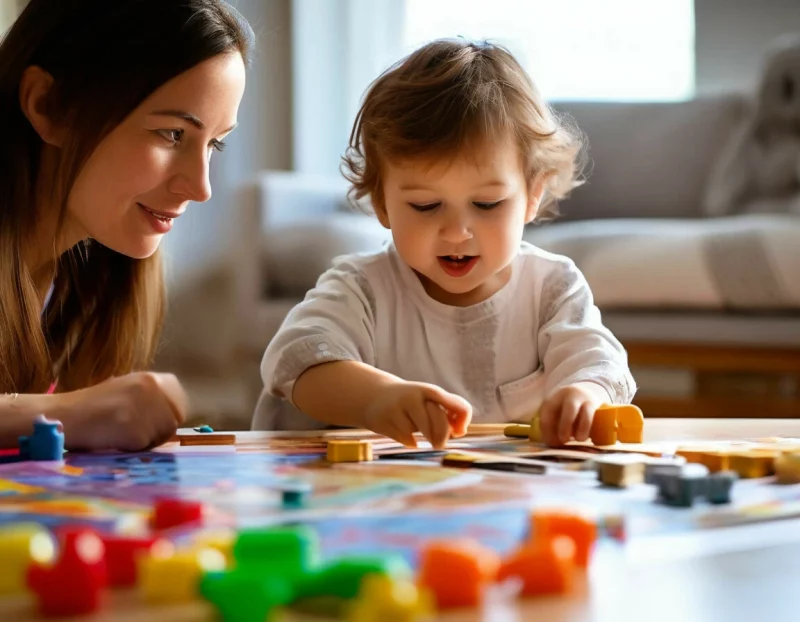 Мама с ребенком играют в настольную игру
